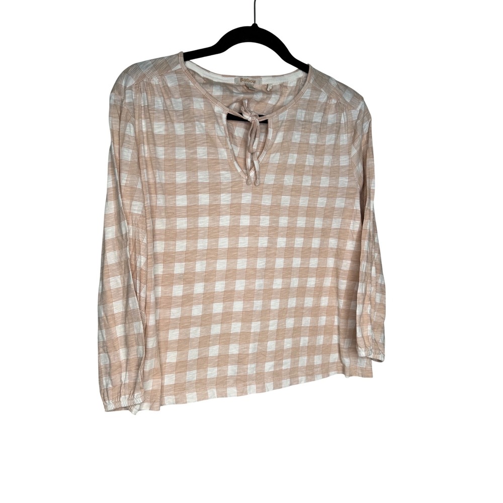 Barbour gingham print checkered tan and white peasant blouse